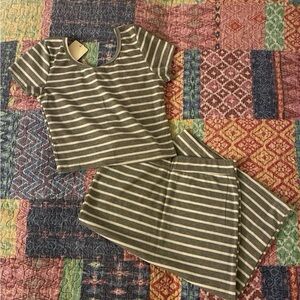 Striped Two-Piece Crop Top and Skirt Set - Olive & White